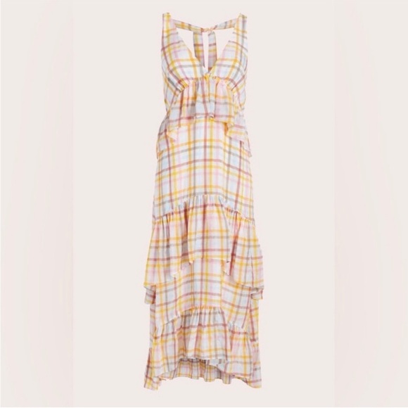 NWT Cinq a Sept Astor tiered midi dress - white sheer multi plaid - Picture 3 of 6